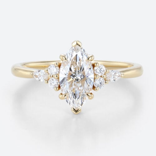 Yellow Gold 1 Carat Marquise Diamond Ring Lab Diamond Cluster Rings