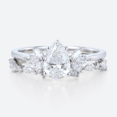 1ct Colorless VS+ Pear Shaped Lab Grown Diamond Marquise Accented 4-Prong Engagement Ring Set in White Gold