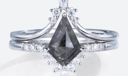 2PCS Kite Cut Salt & Pepper Diamond Ring Tiara Ring Set (1)