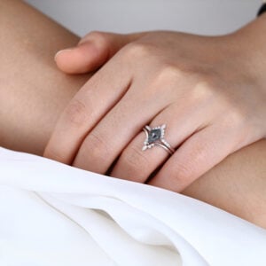 1.2ct Kite Cut Salt and Pepper Diamond Ring Set White Gold Tiara Bridal Ring Set