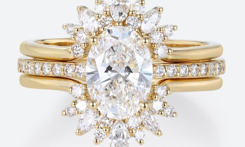 Lab Grown Diamond Engagement Ring Trio Wedding Ring Set Pave Rings