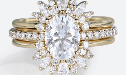 Lab Grown Diamond Engagement Ring Trio Wedding Ring Set Pave Rings