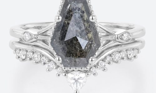 Coffin Shaped Salt & Pepper Diamond Bridal Ring Set Unique Engagement Ring (1)