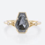 Yellow Gold Ring Coffin Shaped Engagement Ring Salt and Pepper Diamonds