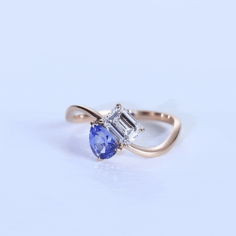 Rose Gold Sapphire & Lab Grown Diamond Rings Toi et Moi Engagement Ring Wavy Band Ring