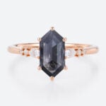 Rose Gold 1.3ct Elongated Hexagon Cut Salt and Pepper Diamond Ring​ Pear lab Diamond Side Stone Ring