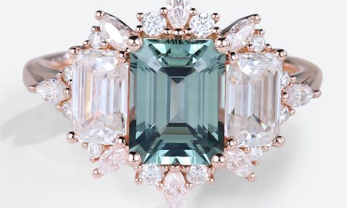 Emerald Cut Diamond Band Ring Green Sapphire Rose Gold Ring