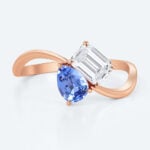 Rose Gold Sapphire & Lab Grown Diamond Rings Toi et Moi Engagement Ring Wavy Band Ring
