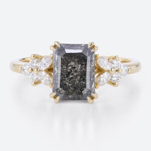1.5ct Emerald Cut Engagement Ring Salt Pepper Diamond Cluster Ring in Yellow Gold