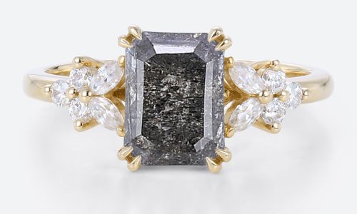 Emerald Cut Engagement Ring Salt and Pepper Diamond Gold Cluster Ring