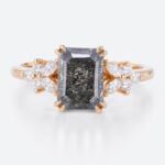 1.5ct Emerald Cut Engagement Ring Salt Pepper Diamond Cluster Ring in Rose Gold