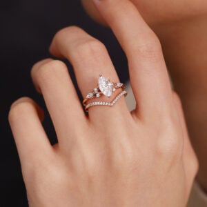 Marquise Cut Lab Grown Diamond Cluster Engagement Rings Pave Curved Wedding Band