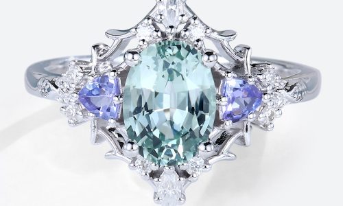 Green Sapphire Engagement Ring White Gold Oval Cut Wedding Rings