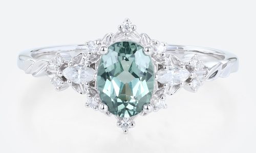 Oval Cut Green Sapphire Engagement Ring White Gold Vine Rings Bridal Ring (1)