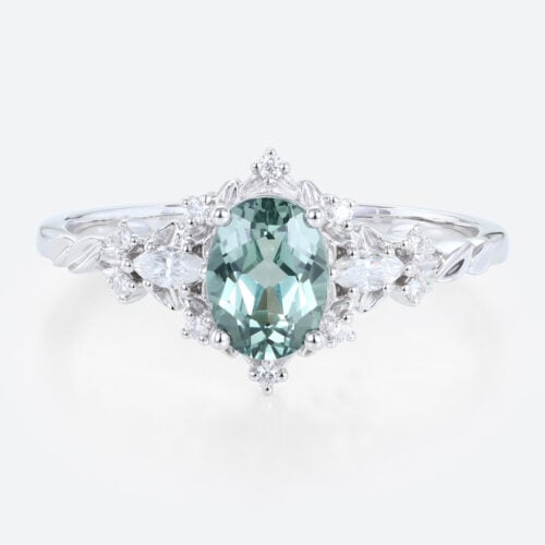 Oval Cut Green Sapphire Engagement Ring White Gold Vine Rings Bridal Ring