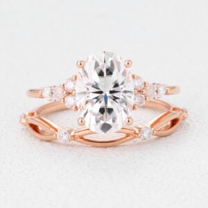 Gold Ring Set Oval Ring with Diamonds Thin Wedding Bands