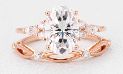 Gold Ring Set Oval Ring with Diamonds Thin Wedding Bands
