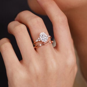 Oval Cut Lab Grown Diamond Cluster Engagement Ring Set Thin Band