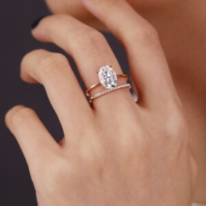 Oval Cut Lab Grown Diamond Hidden Halo Engagement Rings Graceful Thin Band Set