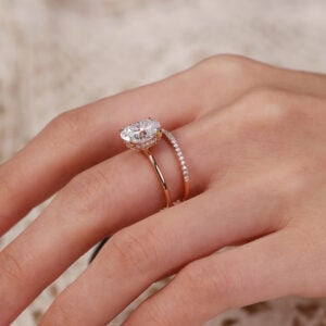 Oval Cut Lab Grown Diamond Hidden Halo Engagement Rings Graceful Thin Band Set