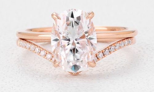 Hidden Halo Ring Oval Solitaire Engagement Ring Curved Diamond Band Set