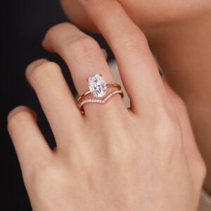 Hidden Halo Ring Oval Solitaire Engagement Ring Curved Diamond Band Set