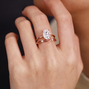 Everyday Luxury Jewelry: Oval Cut Lab Grown Diamond Hidden Halo Engagement Rings Set Thin Band