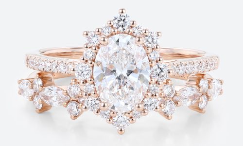 Oval Lab Grown Diamonds Ring Set Halo Engagement Ring Unique Bridal Ring Sets (1)