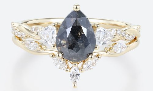 Pear Shaped Salt and Pepper Diamond Bridal Ring Set Crossover Shank Engagement Ring (1)