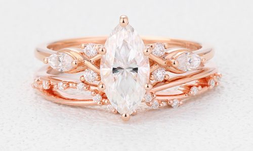 Marquise Diamond Ring Rose Gold Ring Matching Wedding Ring Sets