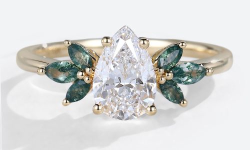 Yellow Gold Pear Shaped Forever One Moissanite Engagement Rings Marquise Accented Bridal Ring (1)