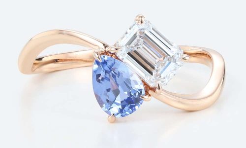 Rose Gold Sapphire & Lab Grown Diamond Rings Toi et Moi Engagement Ring Wavy Band Ring