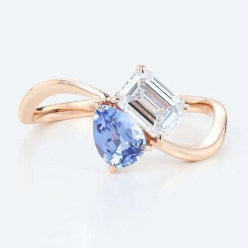 Rose Gold Sapphire & Lab Grown Diamond Rings Toi et Moi Engagement Ring Wavy Band Ring