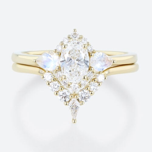 Lab Created Diamond Engagement Ring Gold Ring Moonstone Set