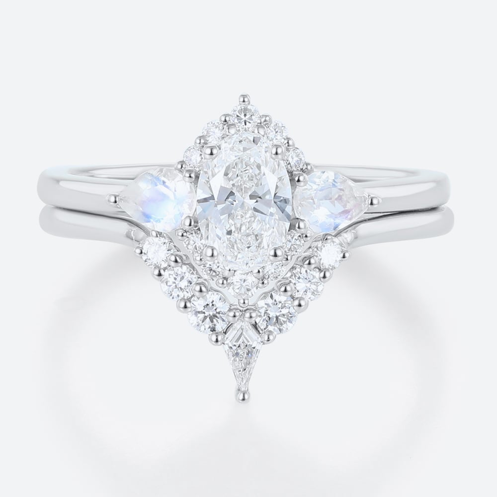 Lab Created Diamond Engagement Ring Gold Ring Moonstone Set