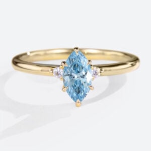 0.5ct Lab Blue Diamond Engagement Rings​ Marquise Cut Three Stone Ring in Yellow Gold