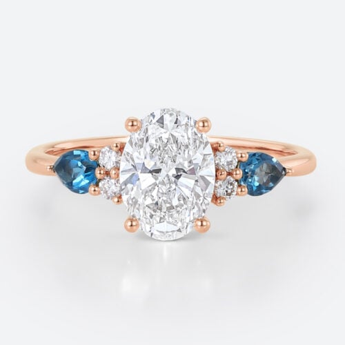 Vintage Rose Gold Engagement Rings Lab Diamond with Pear London Blue Topaz Ring