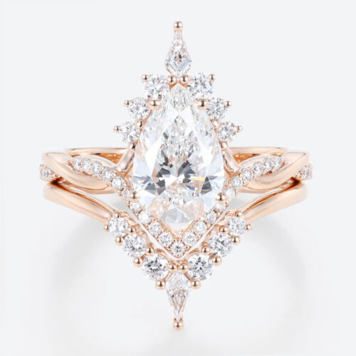 1.5ct Colorless VS+ Pear Cut Lab Grown Diamond Vintage Crossover Shank 4-Prong Bridal Ring Set in Rose Gold