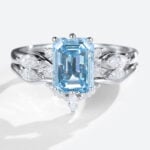 Emerald Cut Blue Diamond Ring​ Set Elegant 6-Prong Engagement Ring in White Gold