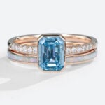 1.5ct Lab Blue Diamond Ring​ Set Emerald Cut Pavé Bezel Ring in Rose Gold