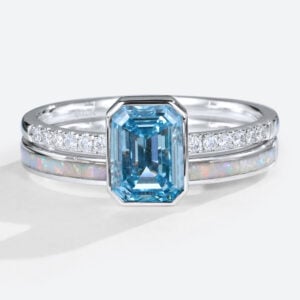 1.5ct Lab Blue Diamond Ring​ Set Emerald Cut Pavé Bezel Ring in White Gold
