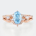 Lab Blue Diamond Ring Set 1.5ct Oval Cut Cluster Engagement Ring in Rose Gold