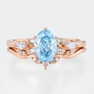Lab Blue Diamond Ring Set 1.5ct Oval Cut Cluster Engagement Ring in Rose Gold