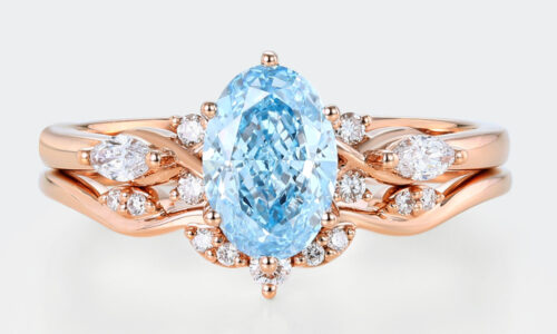 1.5ct Fancy Blue VS+ Oval Cut Lab Grown Blue Diamond Cluster 6-Prong Engagement Ring Set (1) Lab Blue Diamond Ring Set 1.5ct Oval Cut Cluster Engagement Ring in Rose Gold