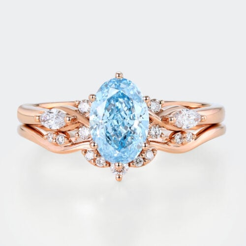 Lab Blue Diamond Ring Set 1.5ct Oval Cut Cluster Engagement Ring in Rose Gold