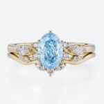 Lab Blue Diamond Ring Set 1.5ct Oval Cut Cluster Engagement Ring in Yellow Gold