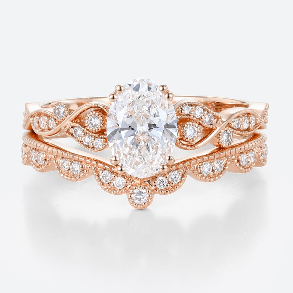 1ct Colorless VS+ Oval Cut Lab Grown Diamond Vintage Milgrain Split Prong Bridal Ring Set in Rose Gold (2)