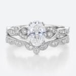 1ct Colorless VS+ Oval Cut Lab Grown Diamond Vintage Milgrain Split Prong Bridal Ring Set in White Gold (3)