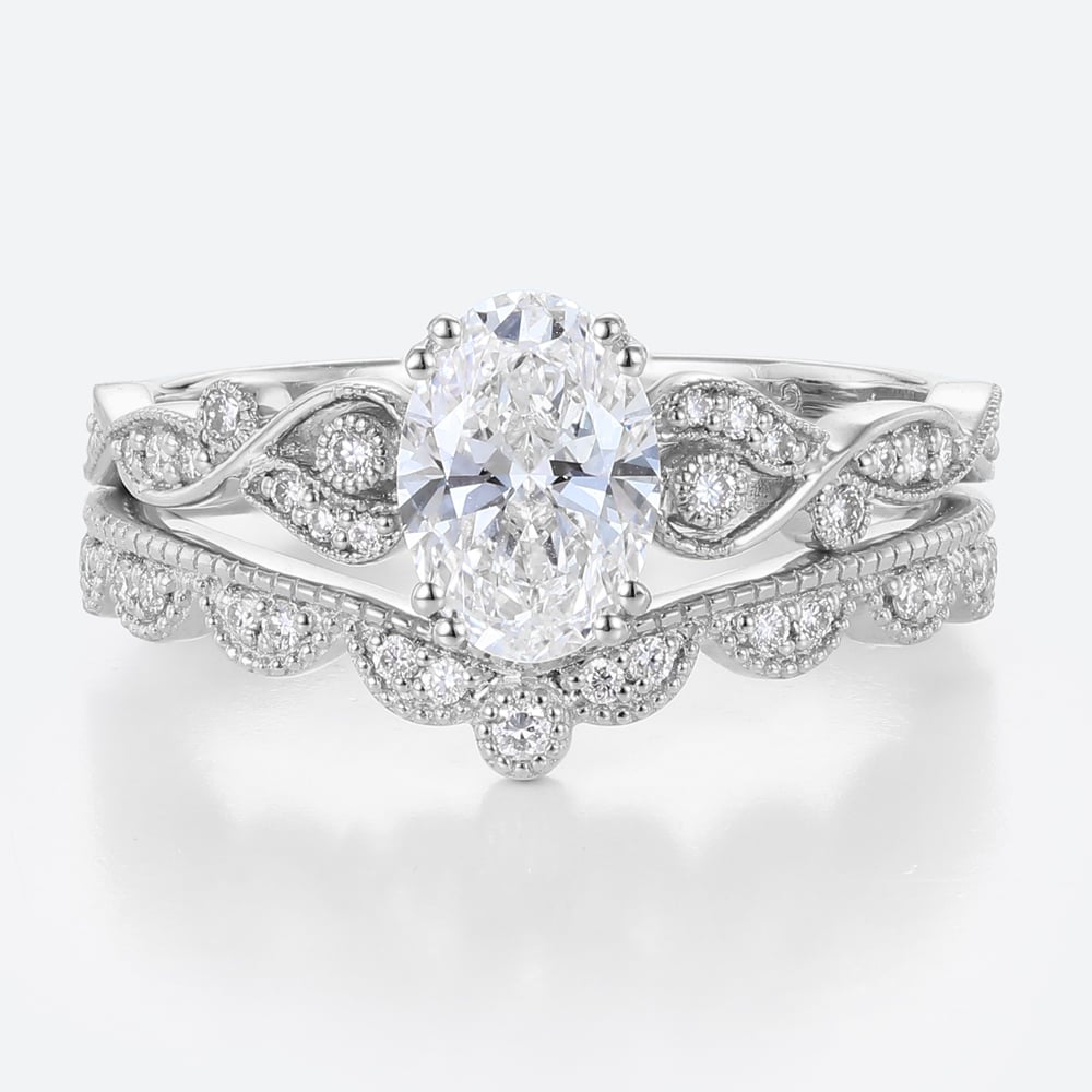 1ct Colorless VS+ Oval Cut Lab Grown Diamond Vintage Milgrain Split Prong Bridal Ring Set in White Gold (3)