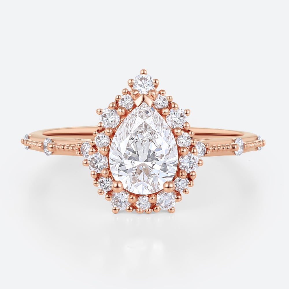 Pear Shaped Halo Engagement Ring Rose Gold Diamond Lab Rings